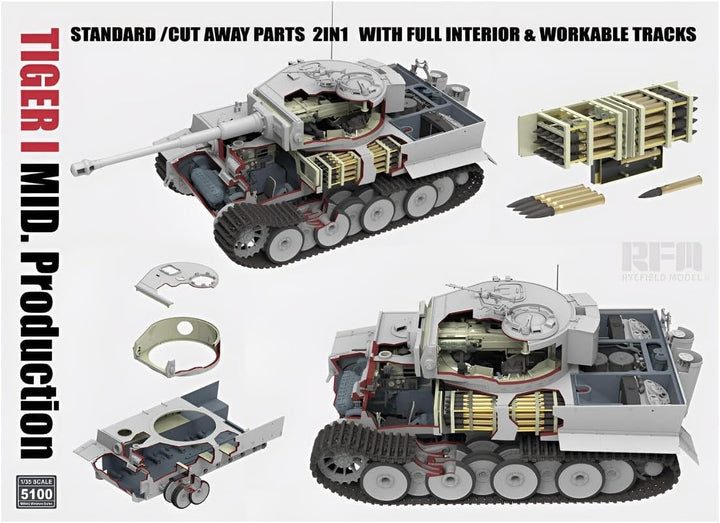 Rye Field Model RM5100 Tiger I mittlere Production 2in1 with cutaway parts & interior Massstab 1:35