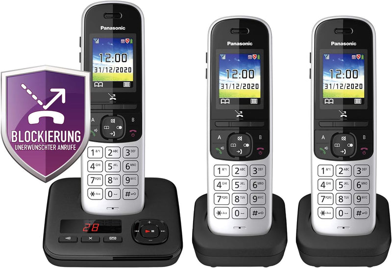 Panasonic KX-TGH723GS Schnurlostelefon mit Anrufbeantworter 3er Set (DECT Telefon, strahlungsarm, Fa