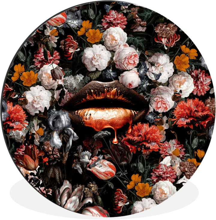 Wandbild Rund Wanddeko Deko Wohnzimmer Bilder 90x90 cm Lippen - Blumen - Farbe - Orange - Kunst - Ab