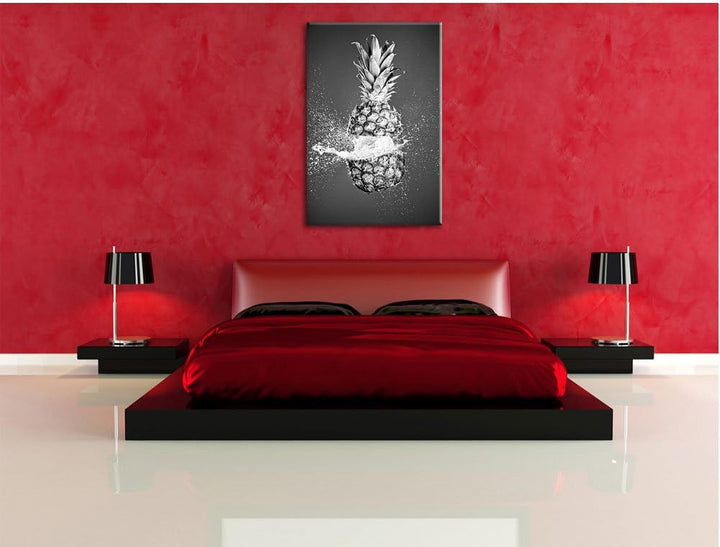 Pixxprint Ananas mit Wasser bespritzt Kunst B&W, Format: 100x70 auf Leinwand, 100x70