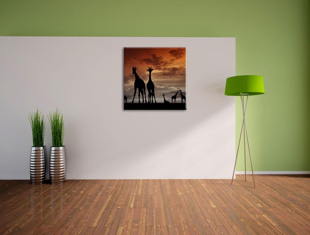 Pixxprint Afrika Giraffen im Sonnenuntergang schwarz/weiss, Format: 70x70 auf Leinwand, 70x70