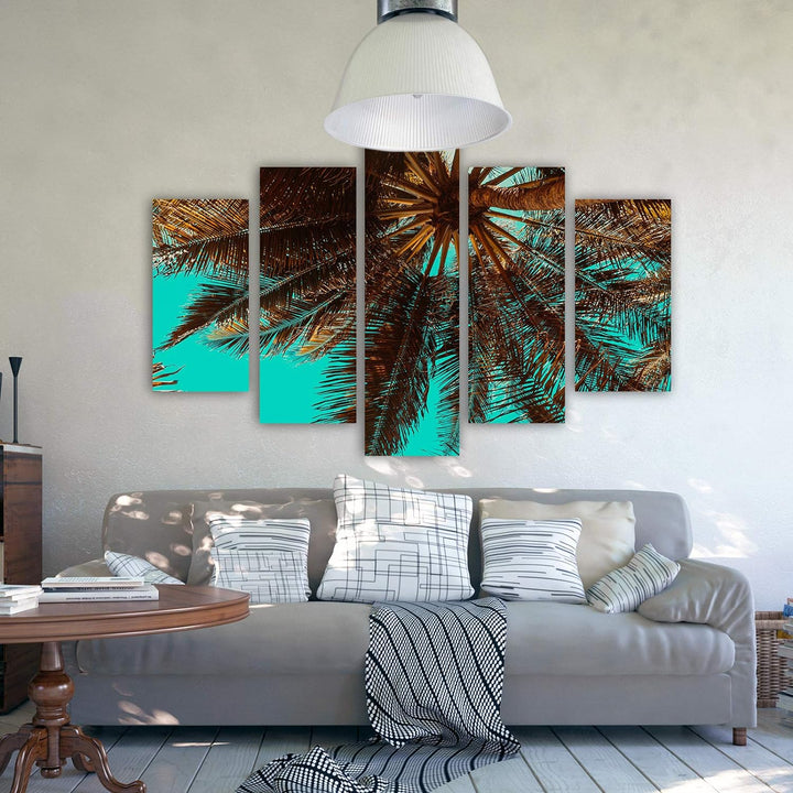 Feeby Bild auf Leinwand Palme 5 Teilig Modern Natur Exotik Himmel Retro blau 200x100 cm Leinwandbild