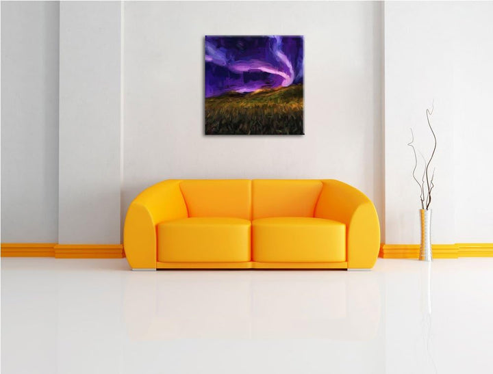 Polarlichter über Hügeln, Format: 70x70 auf Leinwand, XXL riesige Bilder fertig gerahmt mit Keilrahm