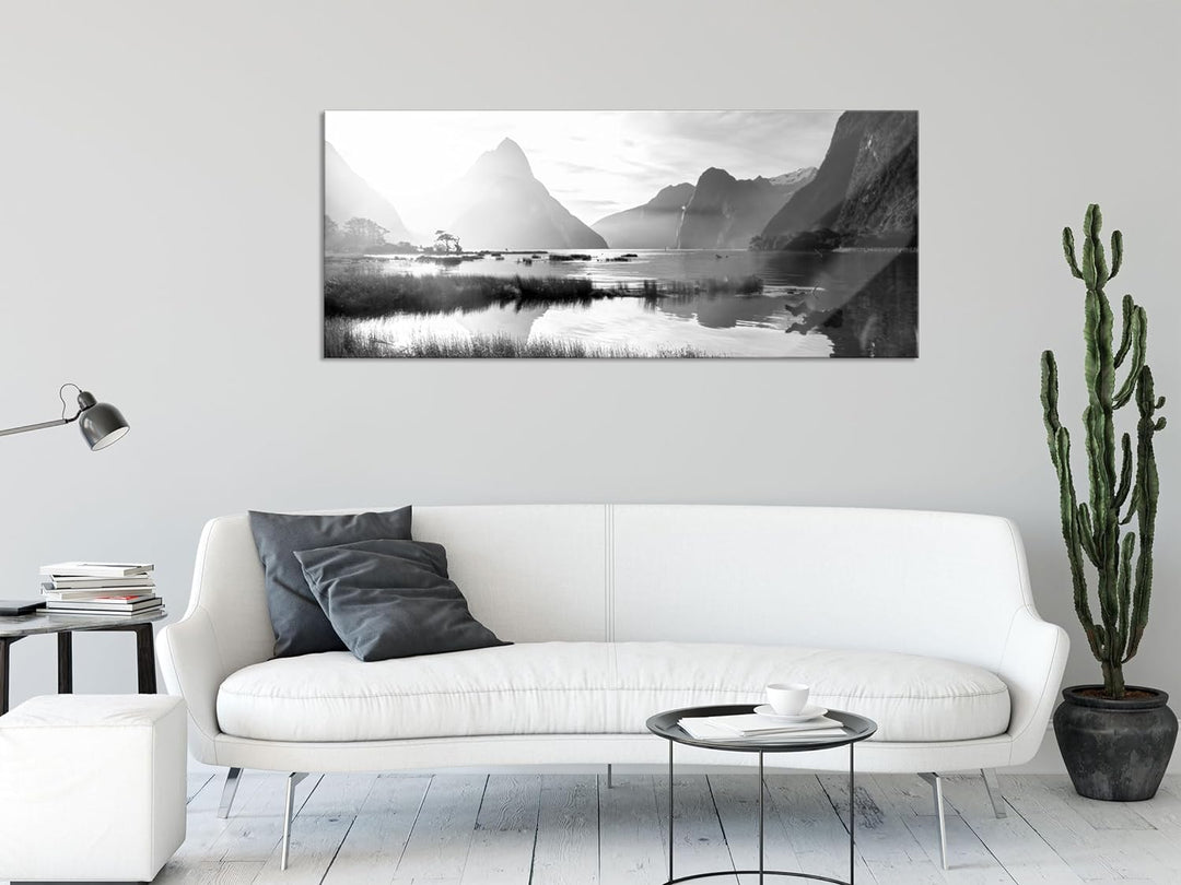 Glasbild Panorama | Wandbild aus Echtglas | Milford Sound Neuseeland | 100x40 cm | inkl. Aufhängung