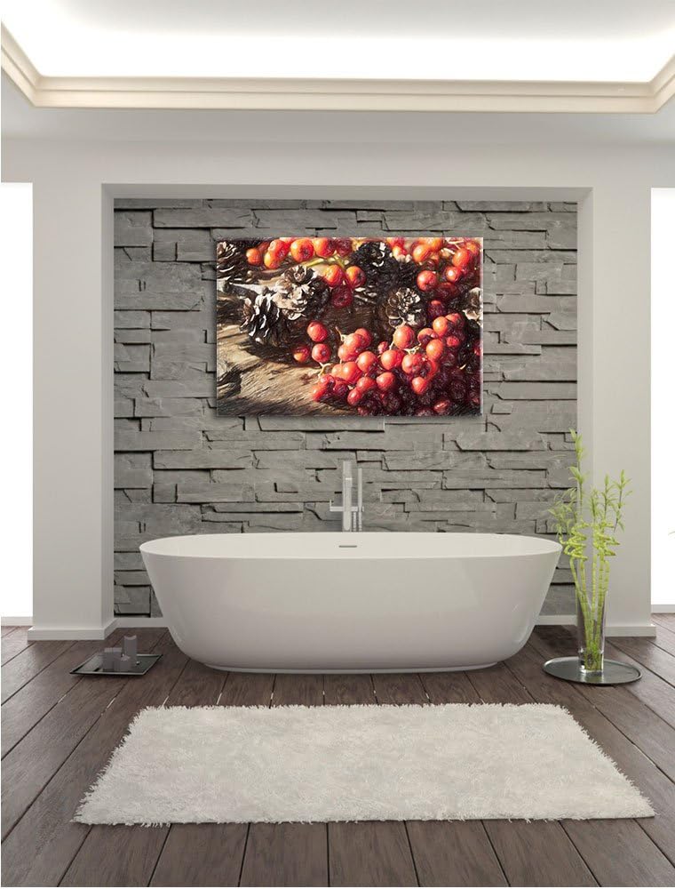 Pixxprint Vogelbeeren und Tannenzapfen als Leinwandbild/Grösse: 100x70 / Wandbild/Kunstdruck/fertig