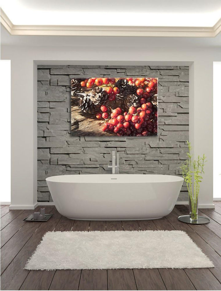 Pixxprint Vogelbeeren und Tannenzapfen als Leinwandbild/Grösse: 100x70 / Wandbild/Kunstdruck/fertig