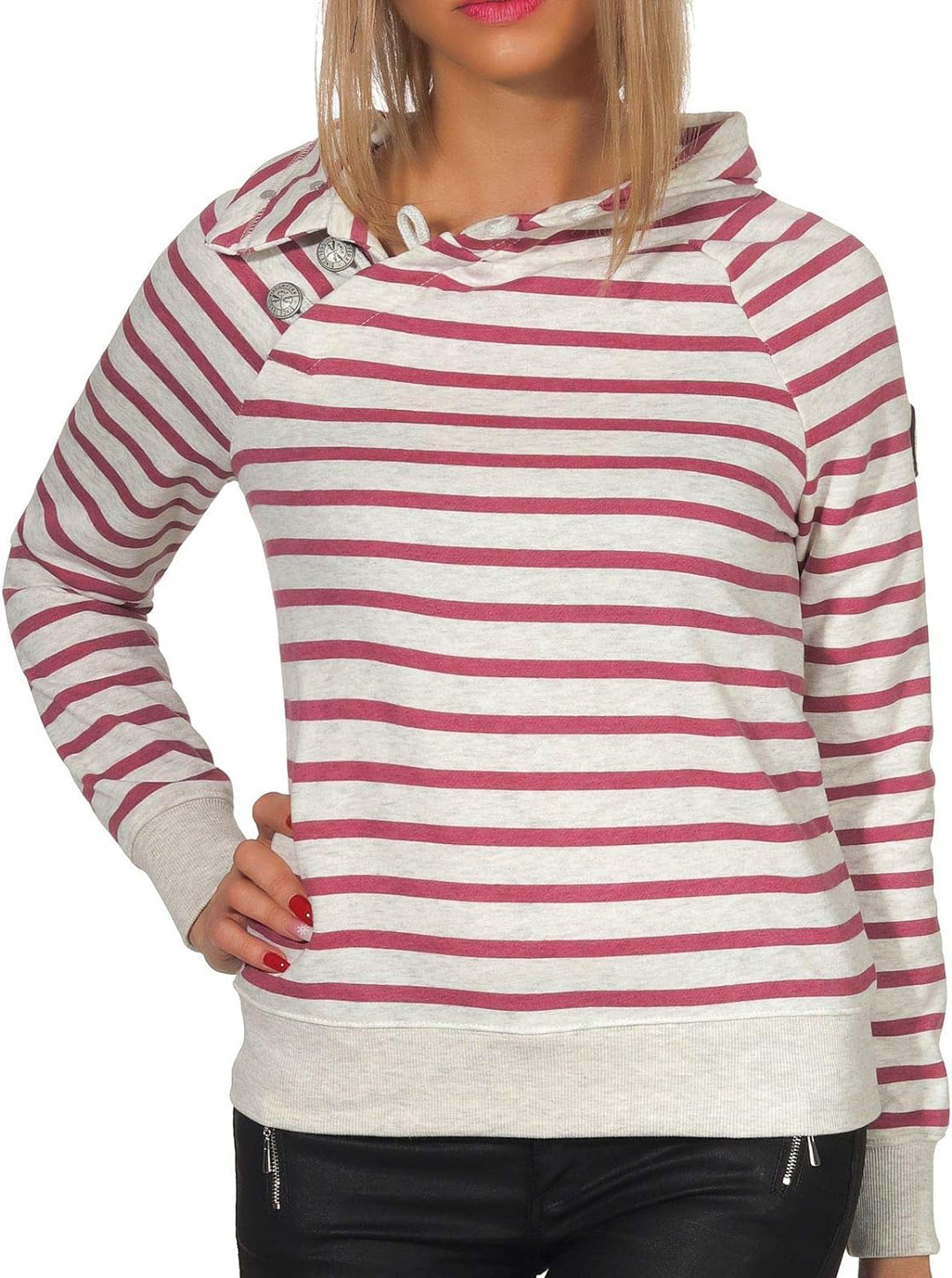 ONLY Damen gestreiftes Sweatshirt Randi Nadine Knopfleiste 15170109 Oatmeal Stripes/Rose Wine M