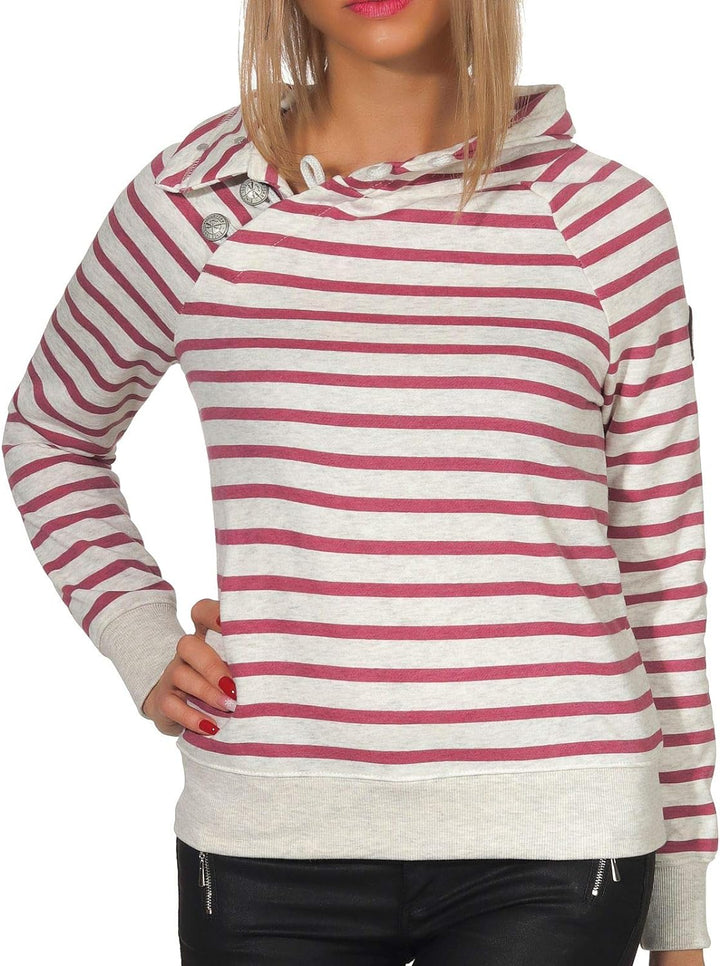 ONLY Damen gestreiftes Sweatshirt Randi Nadine Knopfleiste 15170109 Oatmeal Stripes/Rose Wine M
