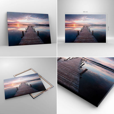 Bilder auf Leinwand 100x70cm Leinwandbild Fussgängerbrücke See Sonnenuntergang Abend Gross Wanddeko