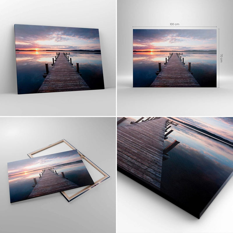 Bilder auf Leinwand 100x70cm Leinwandbild Fussgängerbrücke See Sonnenuntergang Abend Gross Wanddeko