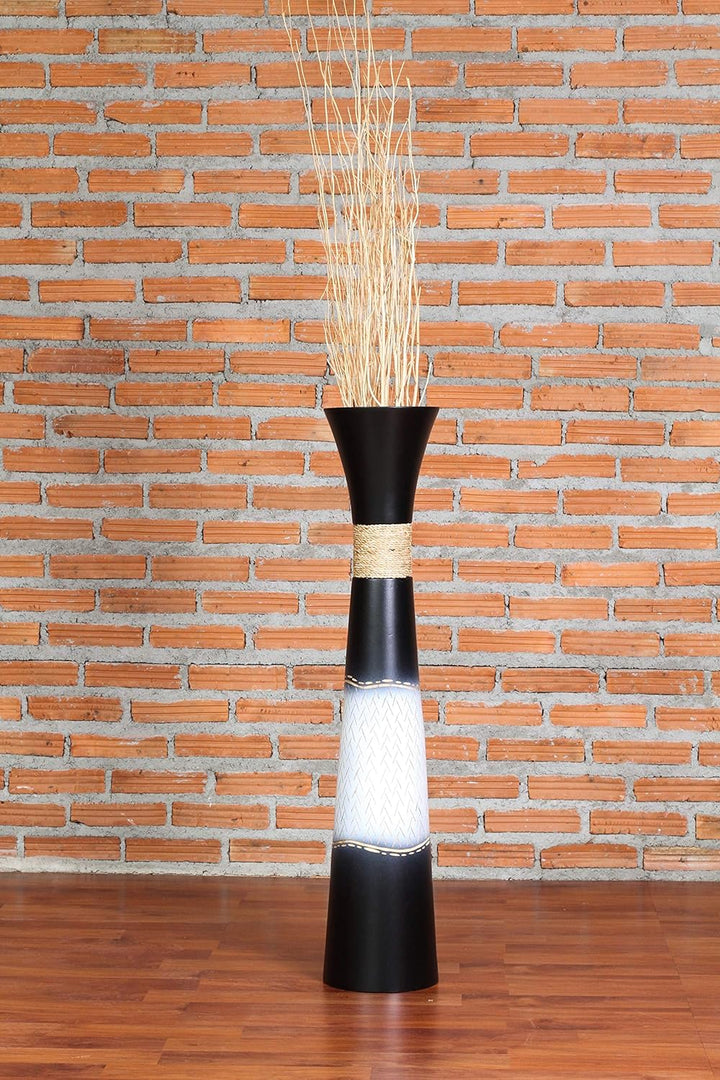 Leewadee Grosse Bodenvase für Dekozweige hohe Standvase Design Holzvase, Holz, 70 cm, Schwarz Weiss