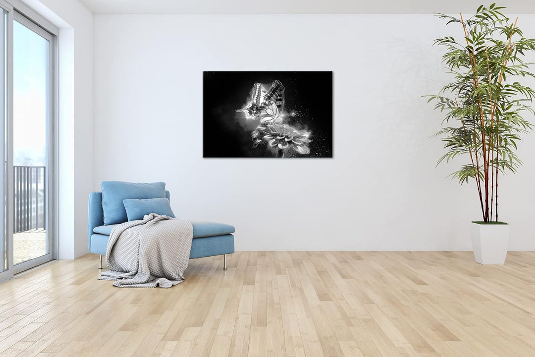 deyoli glitzernder Schmetterling Effekt: Schwarz&Weiss Format: 80x60 als Leinwandbild, Motiv fertig