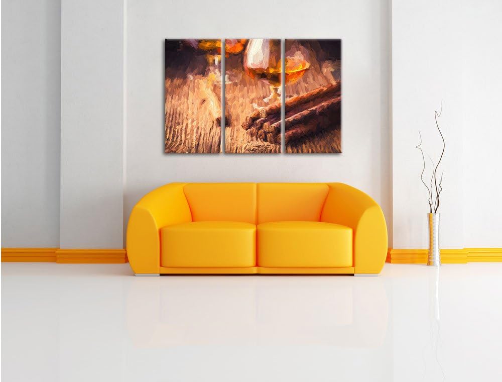 Pixxprint Whisky und Zigarre Pinsel Effekt 3-Teiler Leinwandbild 120x80 Bild auf Leinwand