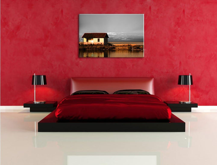 Pixxprint Haus am See bei Sonnenuntergang als Leinwandbild/Grösse: 100x70 cm/Wandbild/Kunstdruck/fer