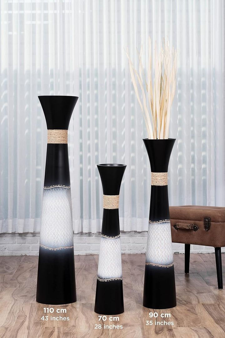 Leewadee Grosse Bodenvase für Dekozweige hohe Standvase Design Holzvase, Holz, 70 cm, Schwarz Weiss