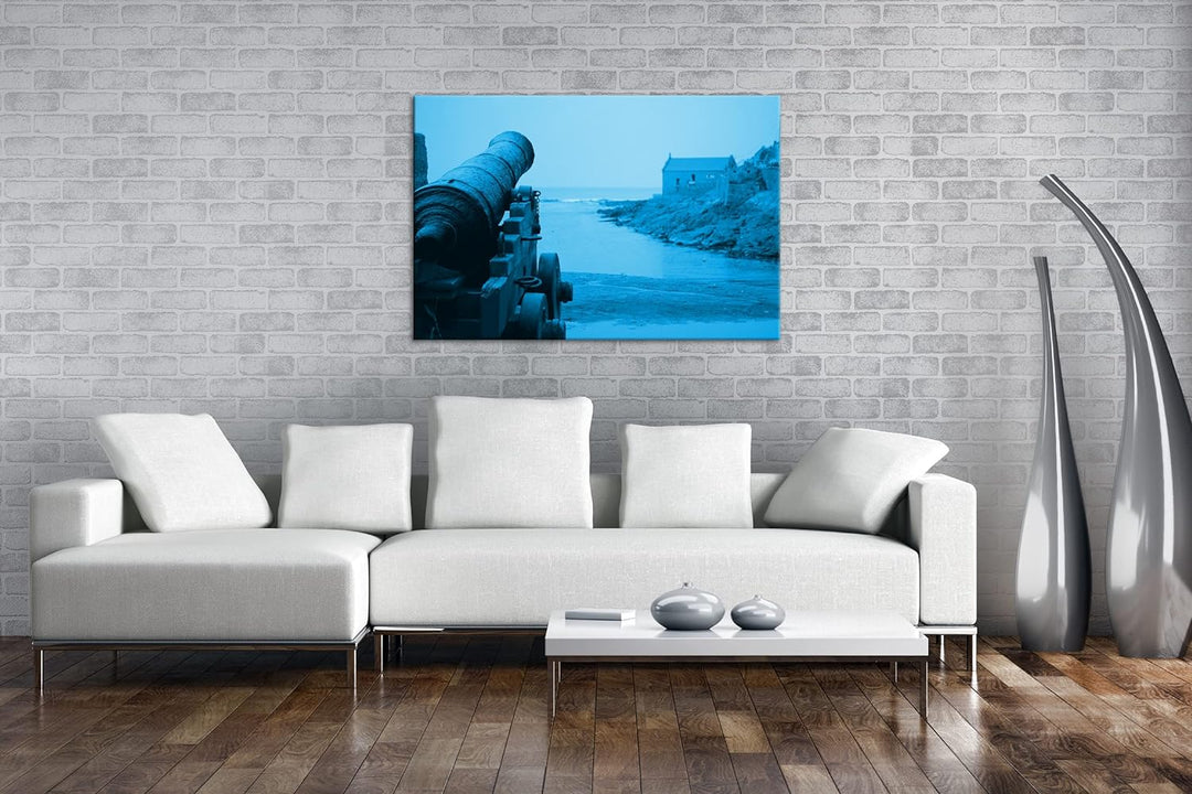 deyoli alte Kanone am Küstenufer Format 80x60 Effekt: Monocrome Blau als Leinwandbild, Motiv fertig