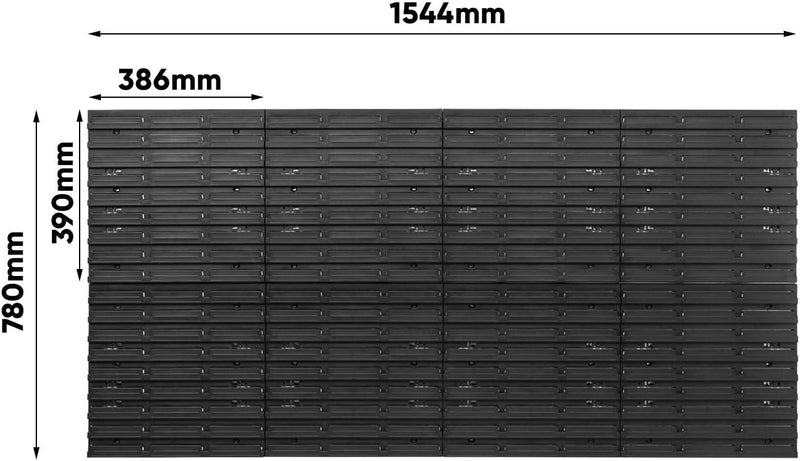 Lagersystem Wandregal - 1544 x 780 mm – 48 Stapelboxen mit Wandplatten + Werkzeughalter – Werkstattw