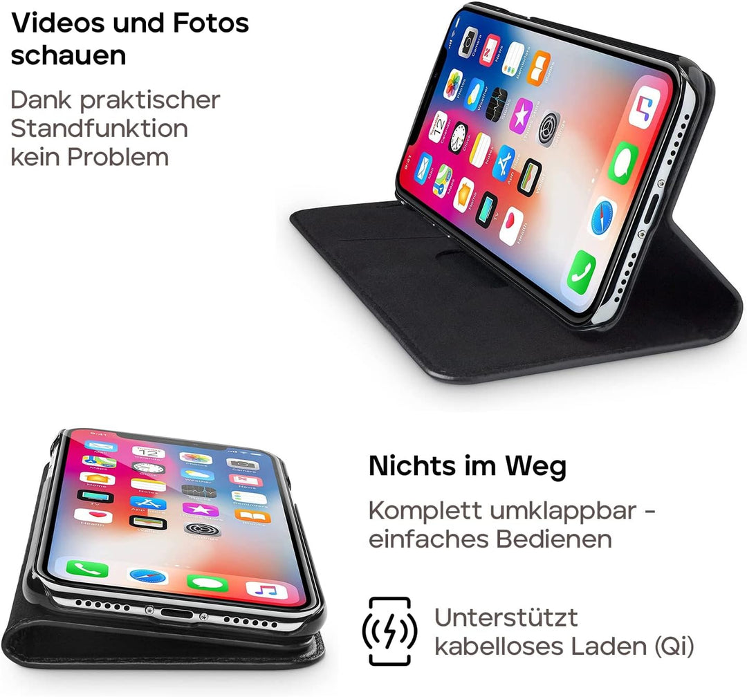 WIIUKA Echt Ledertasche - TRAVEL - für Apple iPhone X und XS mit Kartenfach, kabelloses Laden Qi, ex