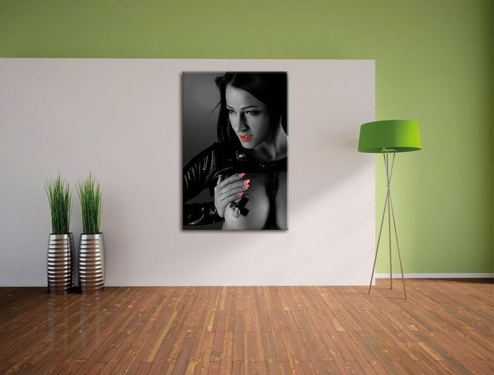Pixxprint schwarzhaarige sexy Frau schwarz/weiss als Leinwandbild/Grösse: 100x70 cm/Wandbild/Kunstdr