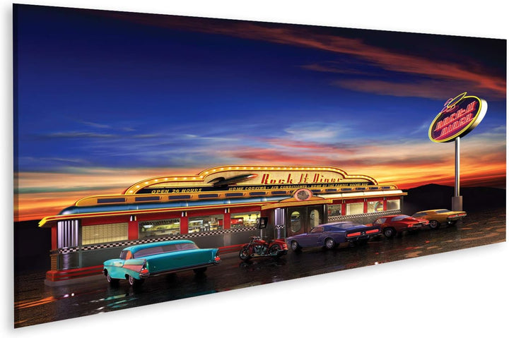 islandburner Bild auf Leinwand Retro American Diner In Der Abenddämmerung Wandbild Poster Kunstdruck