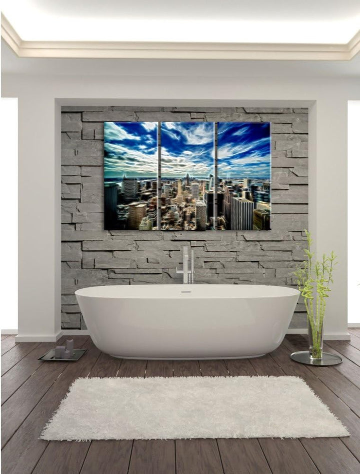 Pixxprint New York von Oben Neon Lights Effekt 3-Teiler Leinwandbild 120x80 Bild auf Leinwand