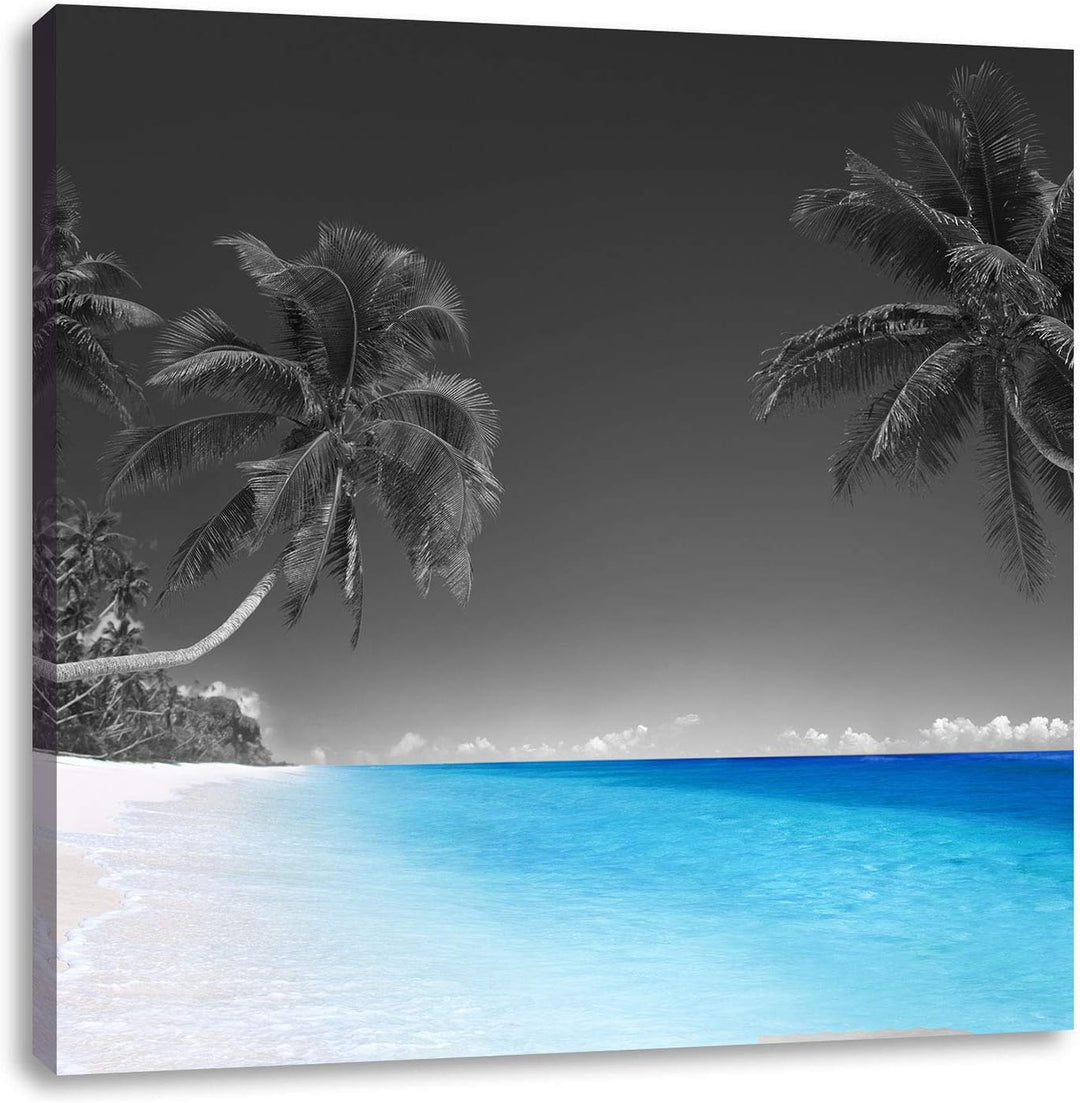 Pixxprint schöne Palmen über dem Meer schwarz/weiss, Format: 70x70 auf Leinwand, 70x70