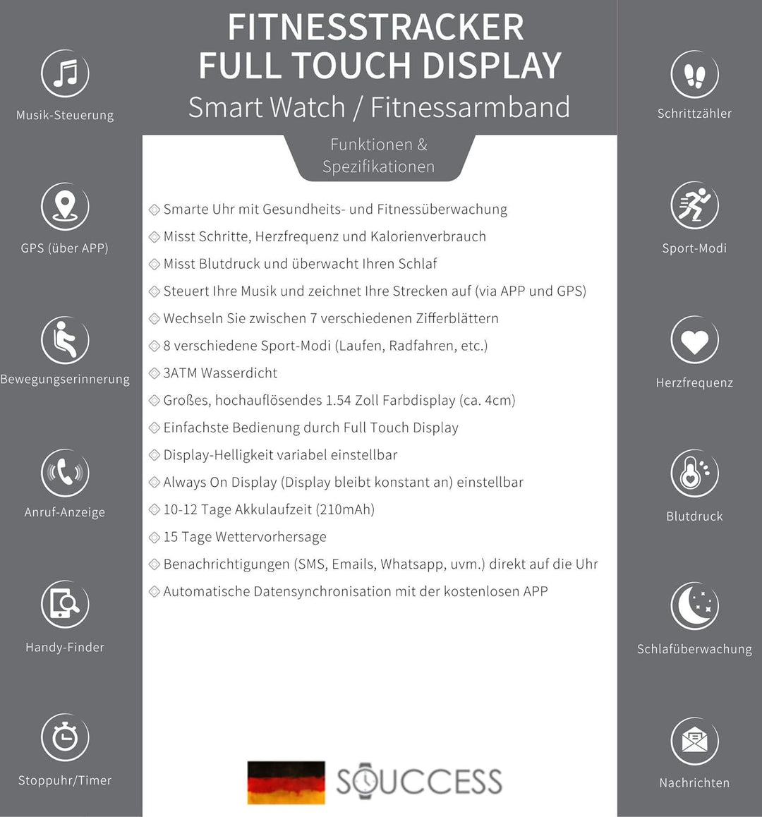 SOUCCESS FITNESSUHR MIT Full Touch Display, SMARTWATCH Always ON Display, FITNESSTRACKER, PULSMESSER