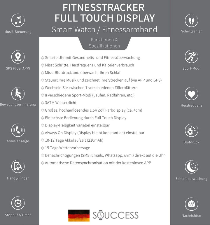 SOUCCESS FITNESSUHR MIT Full Touch Display, SMARTWATCH Always ON Display, FITNESSTRACKER, PULSMESSER