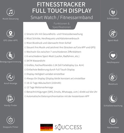 SOUCCESS FITNESSUHR MIT Full Touch Display, SMARTWATCH Always ON Display, FITNESSTRACKER, PULSMESSER