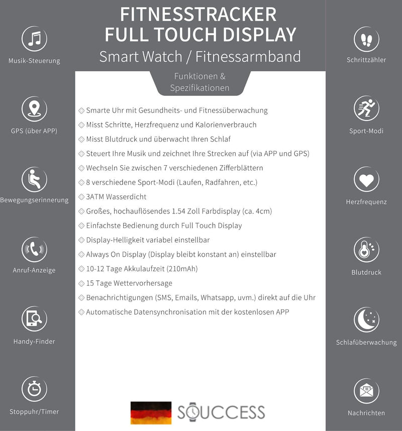 SOUCCESS FITNESSUHR MIT Full Touch Display, SMARTWATCH Always ON Display, FITNESSTRACKER, PULSMESSER