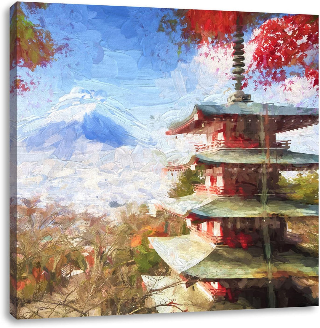 Pixxprint Japanischer Tempel im Herbst Pinsel Effekt, Format: 70x70 auf Leinwand, 70x70