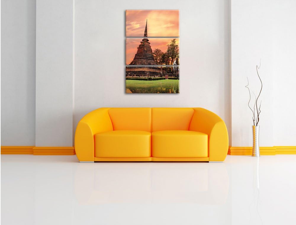 Pixxprint Buddha Tempel im Sonnenuntergang 3-Teiler Leinwandbild 120x80 Bild auf Leinwand
