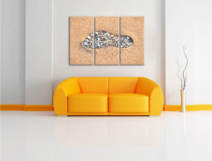 Pixxprint Fussabdruck im Sand Pinsel Effekt 3-Teiler Leinwandbild 120x80 Bild auf Leinwand