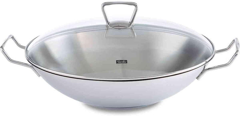 Fissler Kunming / Edelstahl-Wok (Ø 36 cm) grosse Wok-Pfanne unbeschichtet,Asiapfanne mit Glas-Deckel