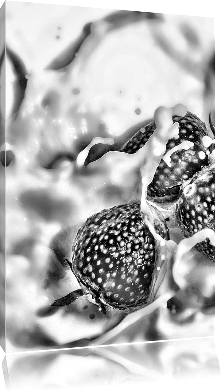 Pixxprint Monocrome, Erdbeeren in Milch Erdbeermilch, Format: 100x70 auf Leinwand, XXL riesige Bilde