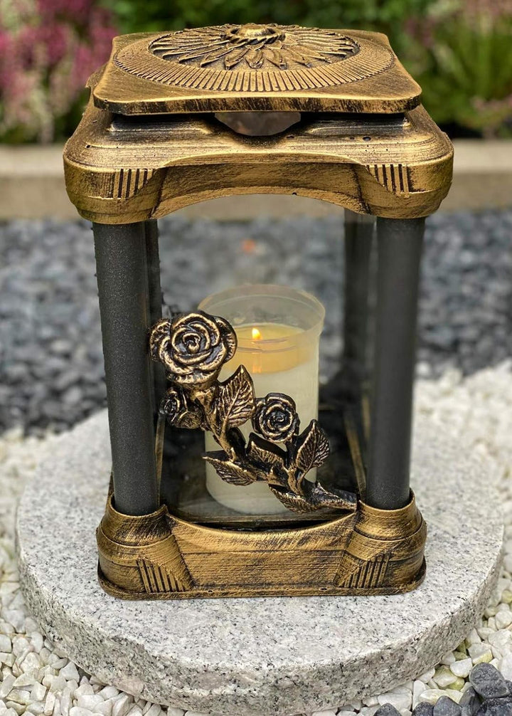 Grablampe Handmade NEU Rose-Motiv Grablicht Grabkerze Grabdekoration Grabschmuck Gartenlampe incl.Gr