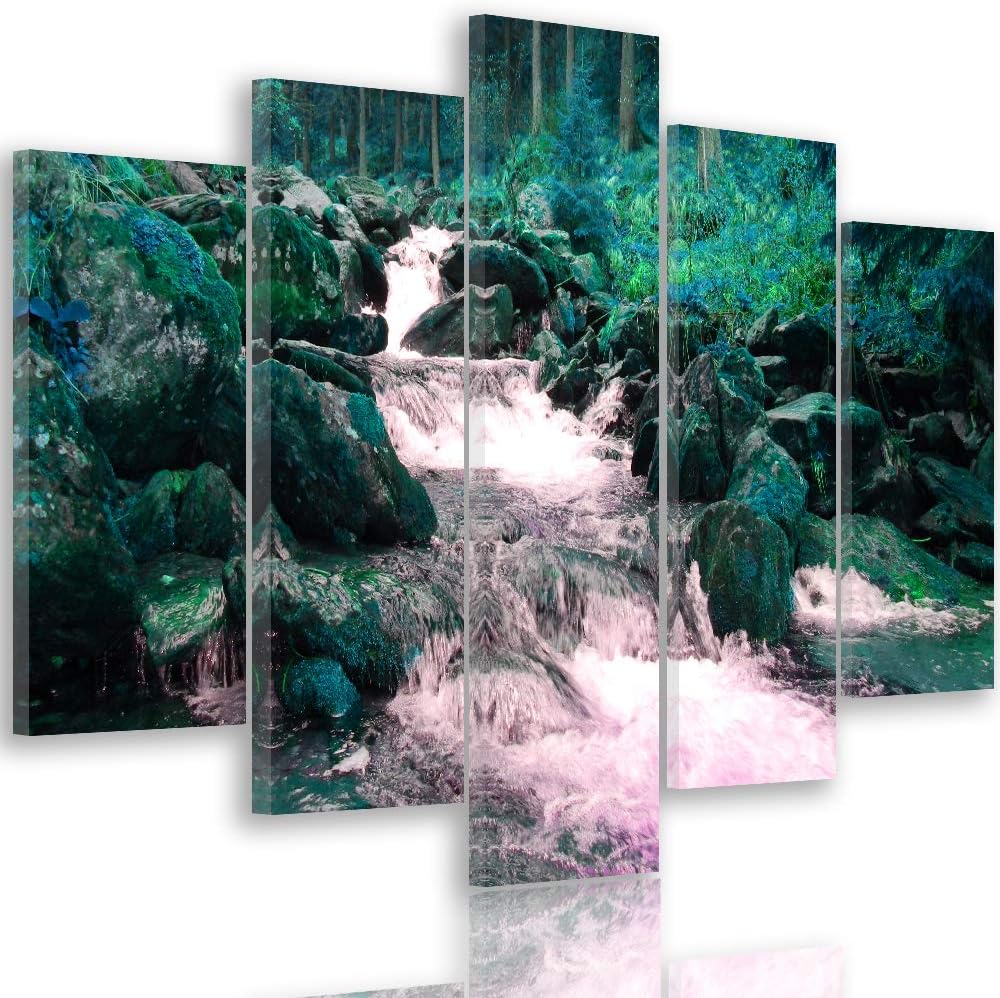 Bilder Fluss 150x100 cm - Leinwandbild 5 Teilig XXL Kunstdruck Natur Wald grün Leinwandbild XXL 150x