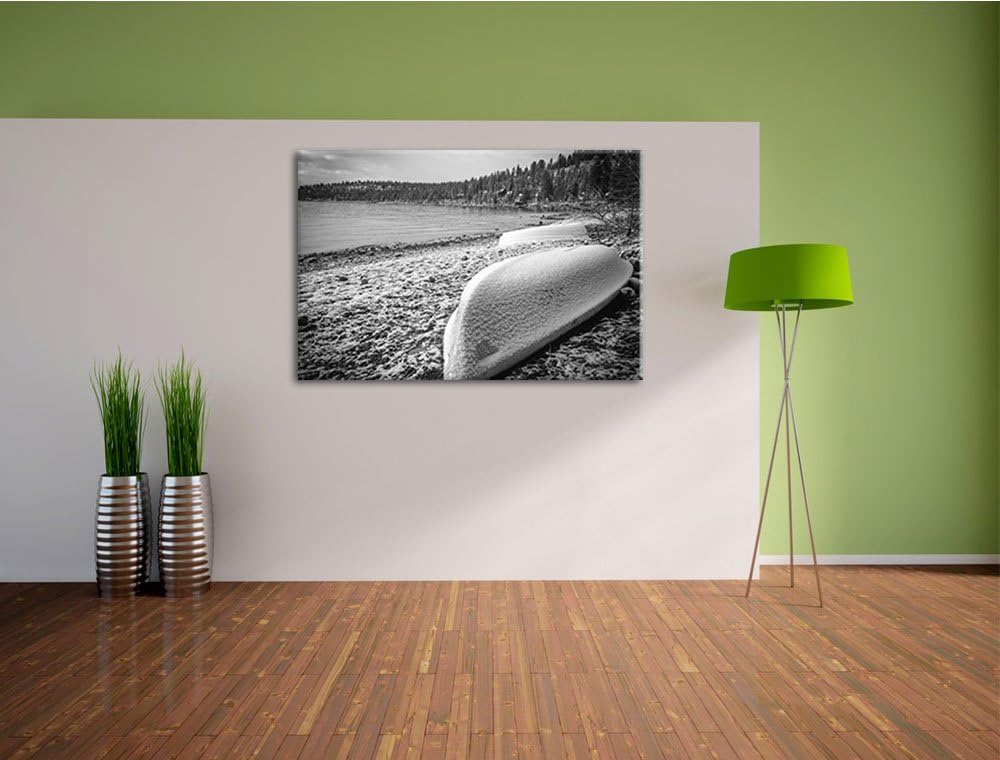 Boote im Winter am See schwarz/weiss Format: 100x70 auf Leinwand, XXL riesige Bilder fertig gerahmt