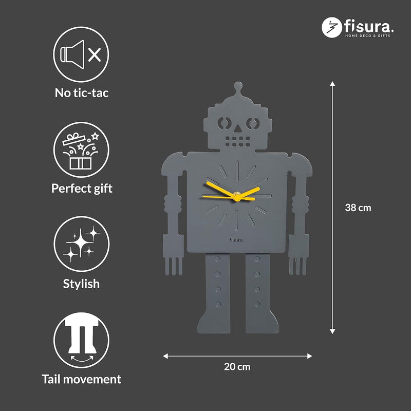 Fisura - Originelle Roboter-Wanduhr. Leise Wanduhr. Masse: 38 Zentimeter x 20 Zentimeter. Graue Küch