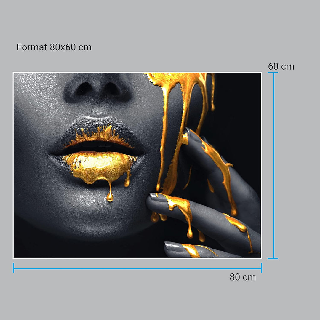 wandmotiv24 Poster als Wanddeko, Grösse 80x60cm, Frauen Lippen mit Goldener Farbe, Beauty, Frau, Mak