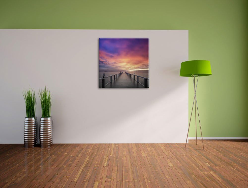 Pixxprint Endloser Steg ins Meer im Sonnenuntergang Schwarz/Weiss, Format: 70x70 auf Leinwand, 70x70