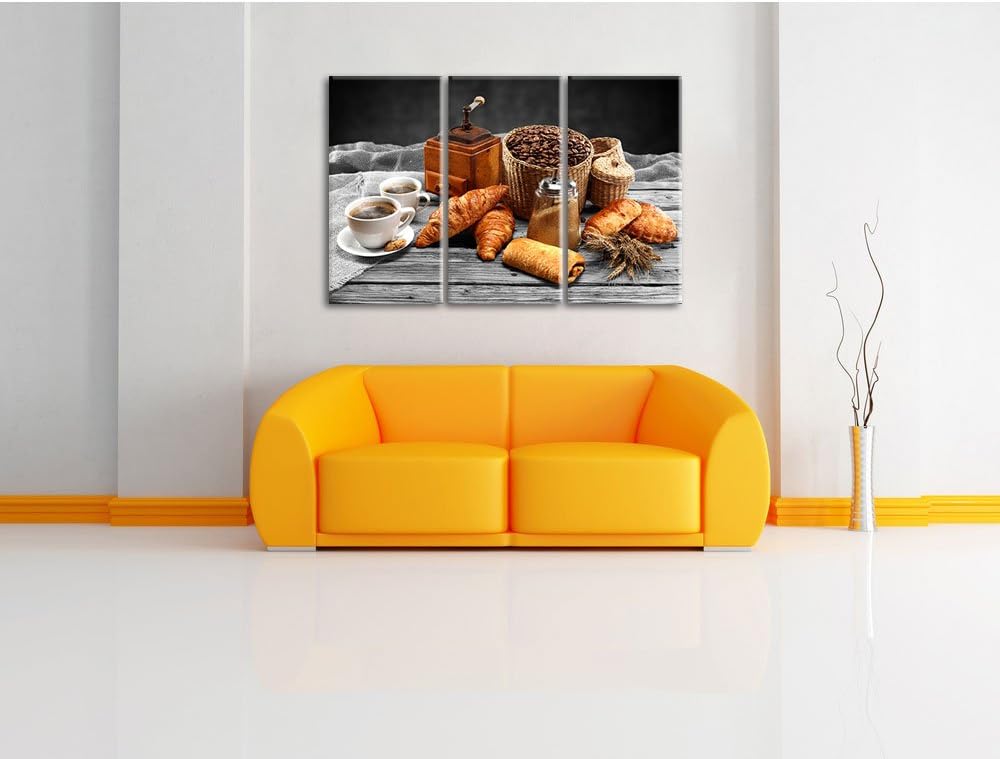 Pixxprint Aromatischer Kaffee mit Croissant Schwarz/Weiss 3-Teiler Leinwandbild 120x80 Bild auf Lein