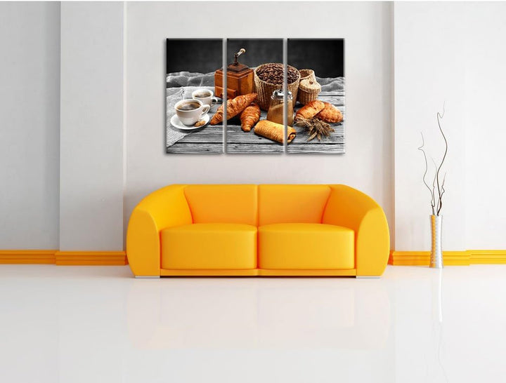 Pixxprint Aromatischer Kaffee mit Croissant Schwarz/Weiss 3-Teiler Leinwandbild 120x80 Bild auf Lein