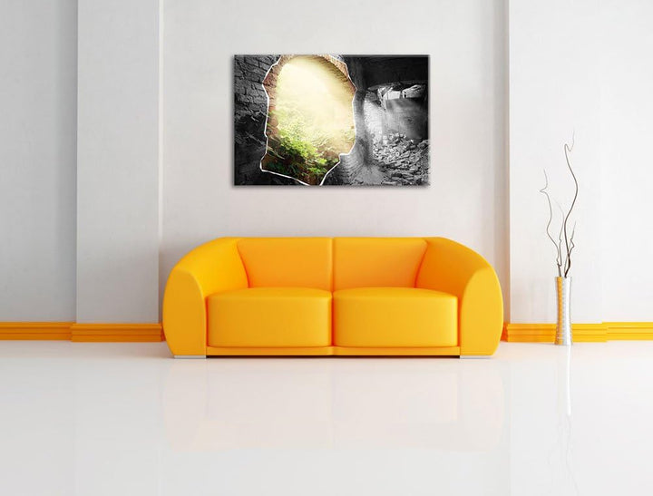 erleuchtete Ruine schwarz/weiss Format: 100x70 auf Leinwand, XXL riesige Bilder fertig gerahmt mit K