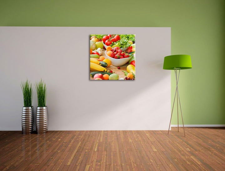 Buntes Obst und Gemüse, Format: 70x70 auf Leinwand, XXL riesige Bilder fertig gerahmt mit Keilrahmen