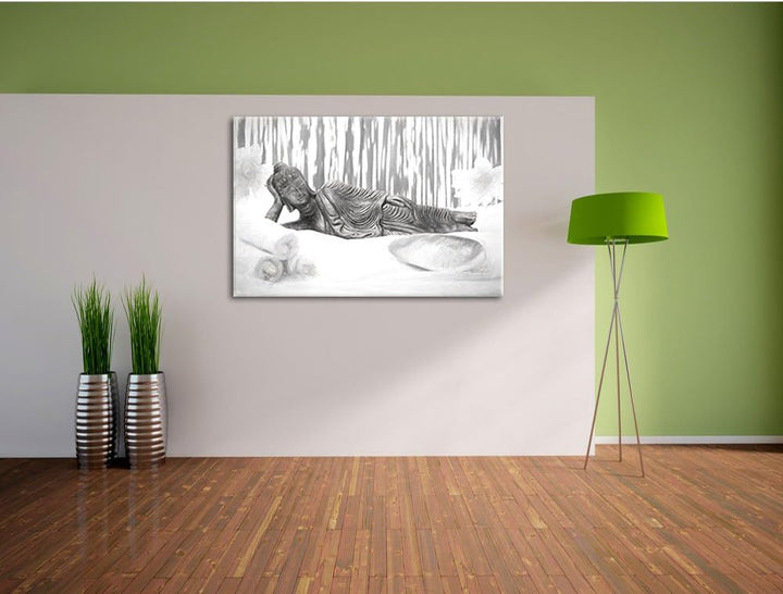 Pixxprint Goldener Buddha auf Handtuch Kunst Kohle Effekt, Format: 100x70 auf Leinwand, 100x70