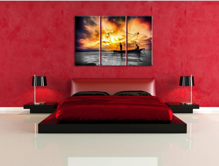 Pixxprint Angler mit grossem Fangnetz als Leinwandbild/Grösse: 3 Teilig (120x80) cm/Wandbild/Kunstdr