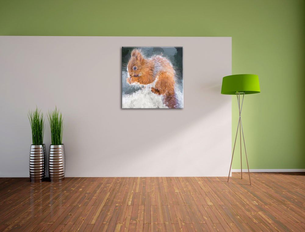 Pixxprint Kleines Eichhörnchen im Winter als Leinwandbild Quadratisch/Grösse: 70x70 / Wandbild/Kunst