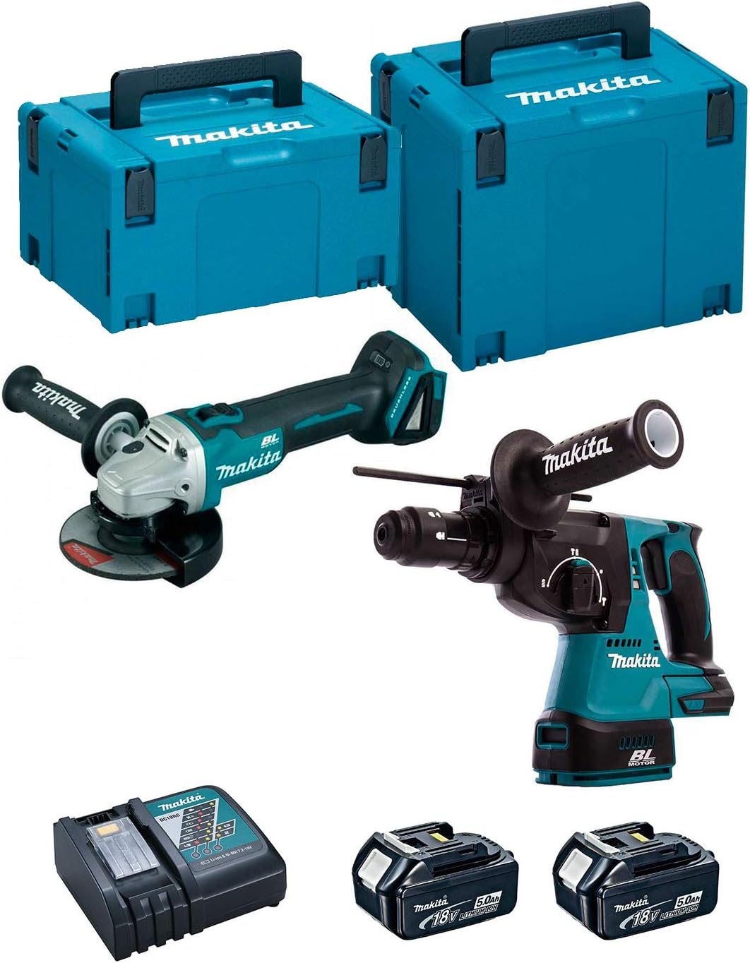 Makita dlx2125tj1 – Combo DGA504Z + DHR243Z+DC18RC+BL1850Bx2 Li 18 V 5,0 AH MAKPAC