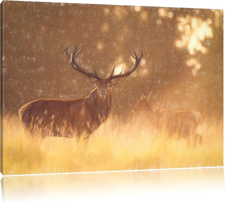 Pixxprint Rotwild im goldenen Morgenlicht als Leinwandbild | Grösse: 100x70 cm | Wandbild | Kunstdru